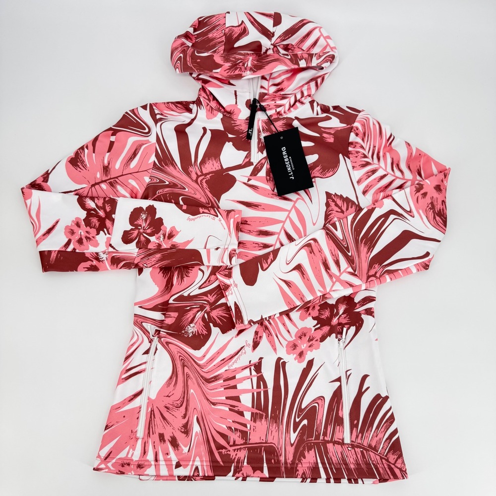 J.Lindeberg W Small Aerial Print Quarter Zip‎ Hood Hibiscus Pink Floral Womens